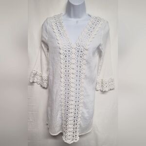 Flint & Moss Beach S Tunic Top Eyelet Lace Trim Bright White Gauze Fabric